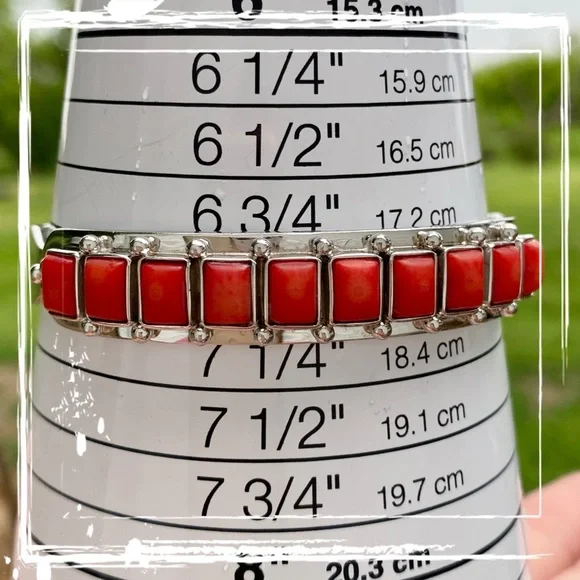 Red Coral Row Sterling Silver Cuff Bracelet - Picture 10 of 11